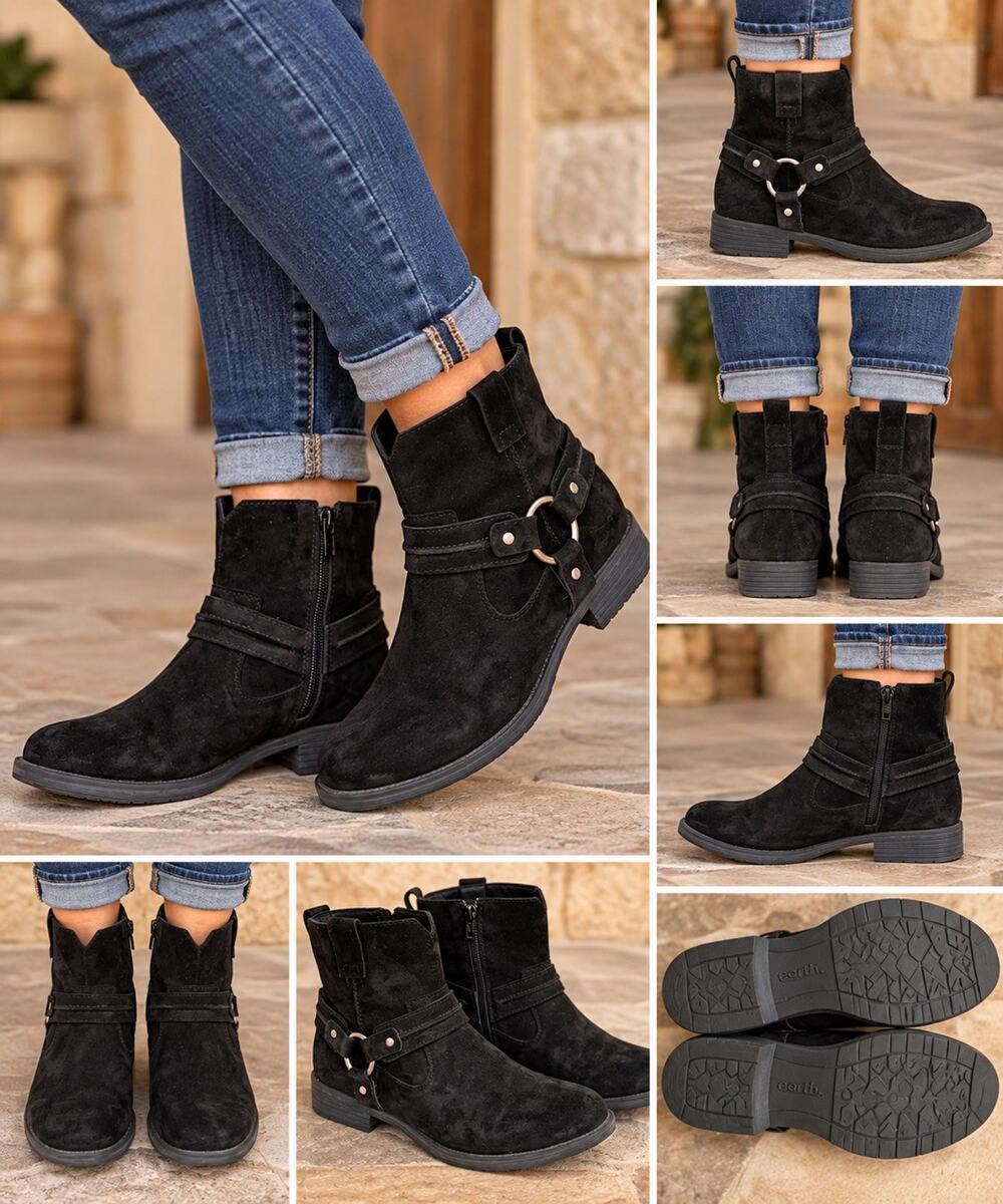 Earth Ash Everglade Wide Womens 10 Black Suede Leather Harness Ankle Boots